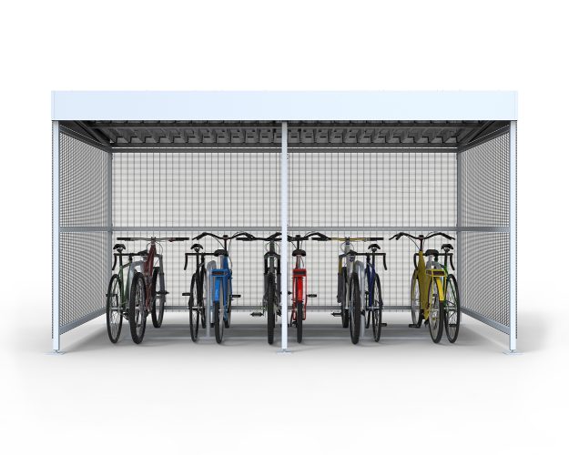 A Cyclehoop bike shelter containing 10 bikes of varied colours, arranged alternately