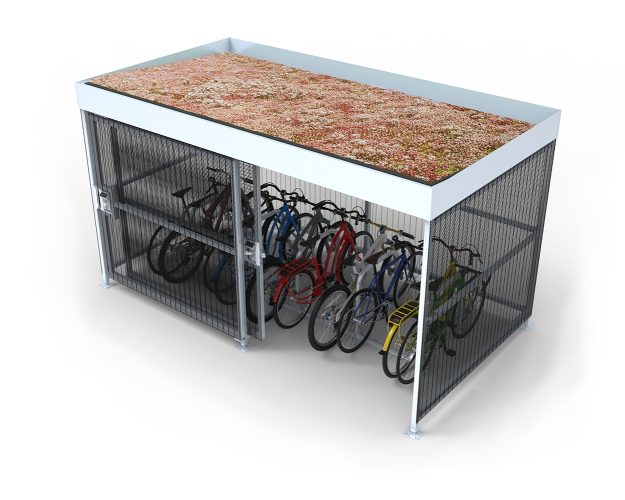 A cyclehoop bike shelter with green mesh roof, containing 10 bikes of varied colours, arranged alternately