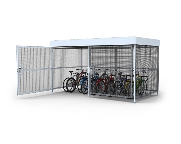 A Cyclehoop bike shelter with an sliding gate for secure bicycle parking for 10 bikes.