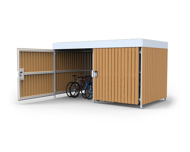 A wooden finish Cyclehoop bike shelter with an open swing gate and secure bicycle parking for 10 bikes.