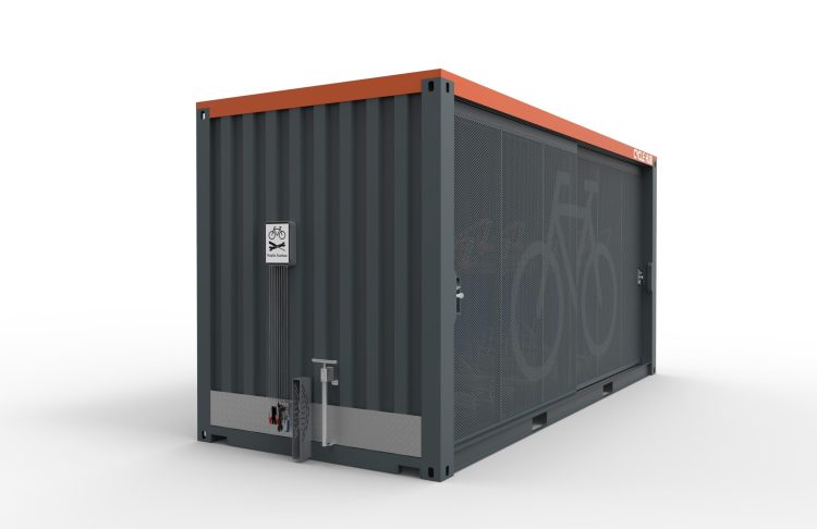 Side view of Cyclehoop Container Cycle Hub in a grey corrugated metal color with visible bike parking signage