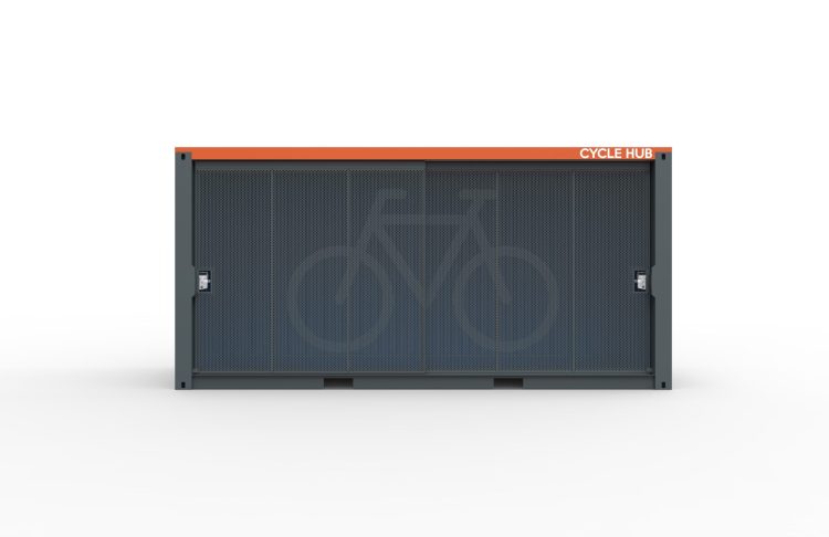 Closed view of the Cyclehoop Container Cycle Hub which provides 24 secure cycle spaces