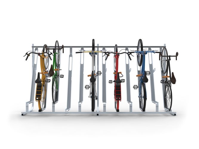 6 bikes of different colors parked in Cyclehoop's semi-vertical bike rack