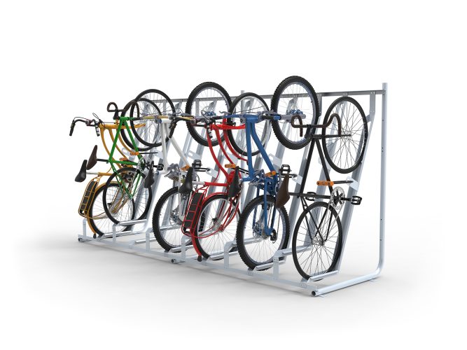 Side view of Cyclehoop's semi-vertical bike rack with 6 different colored bikes parked