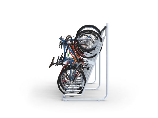 Side view of Cyclehoop's semi-vertical bike rack with a silver finish with several bikes parked