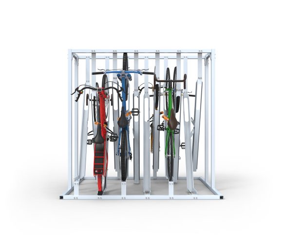 Front view of the semi-vertical bike rack with 6 spaces and 3 bikes of different color parked