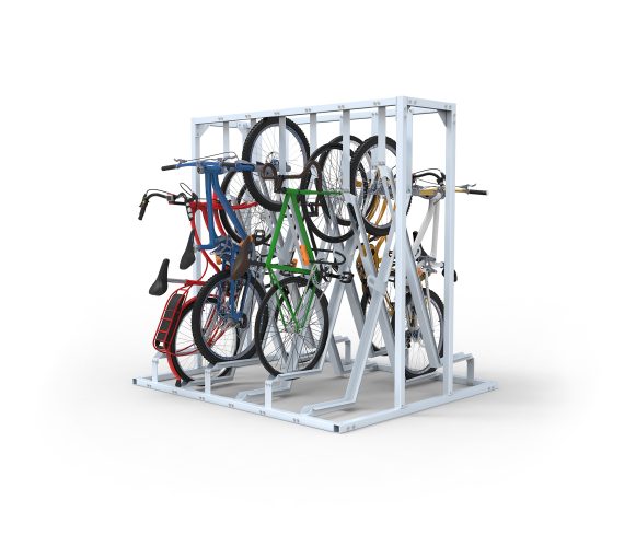 Cyclehoop's semi-vertical bike rack with several bikes of different colors parked