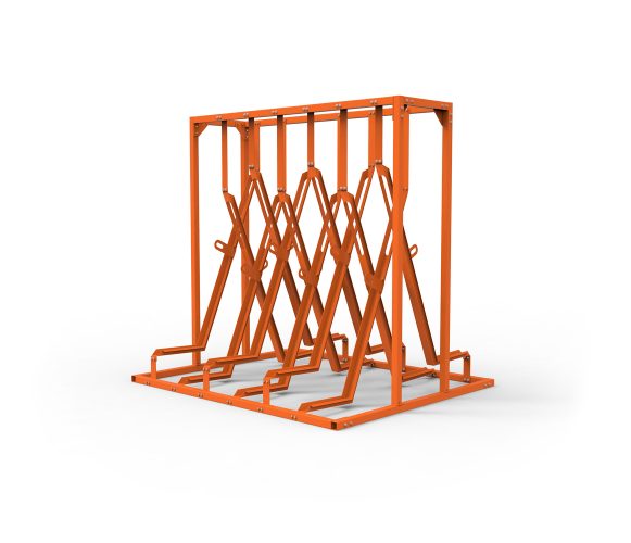 Side view of Cyclehoop's semi-vertical bike rack with an orange finish
