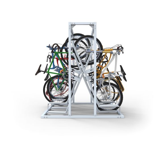 Side view of the double-sided Cyclehoop semi-vertical bike rack with several bikes of different colors parked