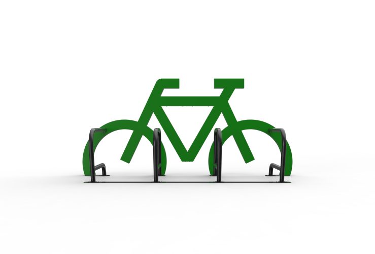 Rear view of eye-catching bike signage attached to bike stands, with the focus on bike stands