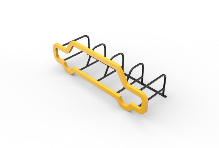 Side view of Cyclehoop's Car Port, 5 bike stands attached to a large yellow car shaped frame