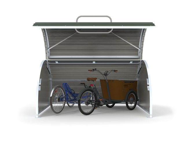 Cyclehoop Bike Hangar with swing door open, inside is a cargo bike and road bike