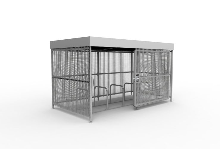 The Mesh Bike Shelter with the sliding gate open to reveal stands inside for bicycle parking