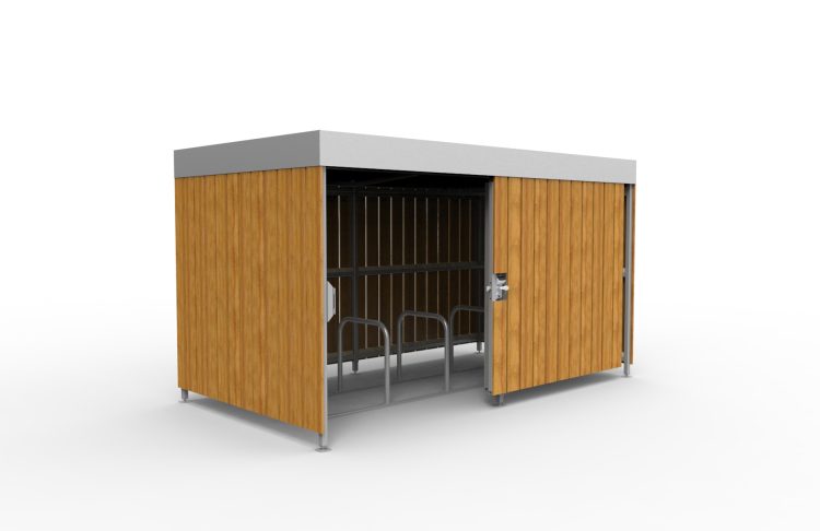 Front sliding gate of the Wood Bike Shelter open showing available bike stands inside