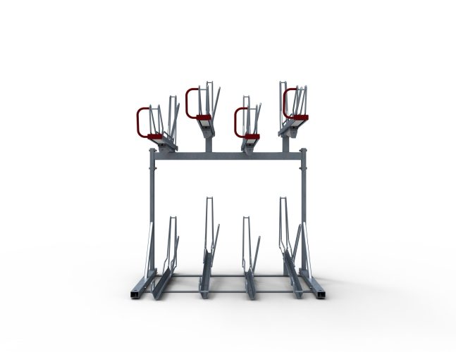Front view of the Optima Two Tier Bike Rack, top row stands have a red finish