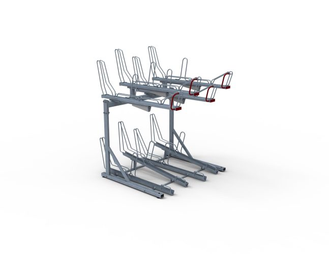 Side view of the Optima Two Tier Bike Rack, top row stands have a red finish